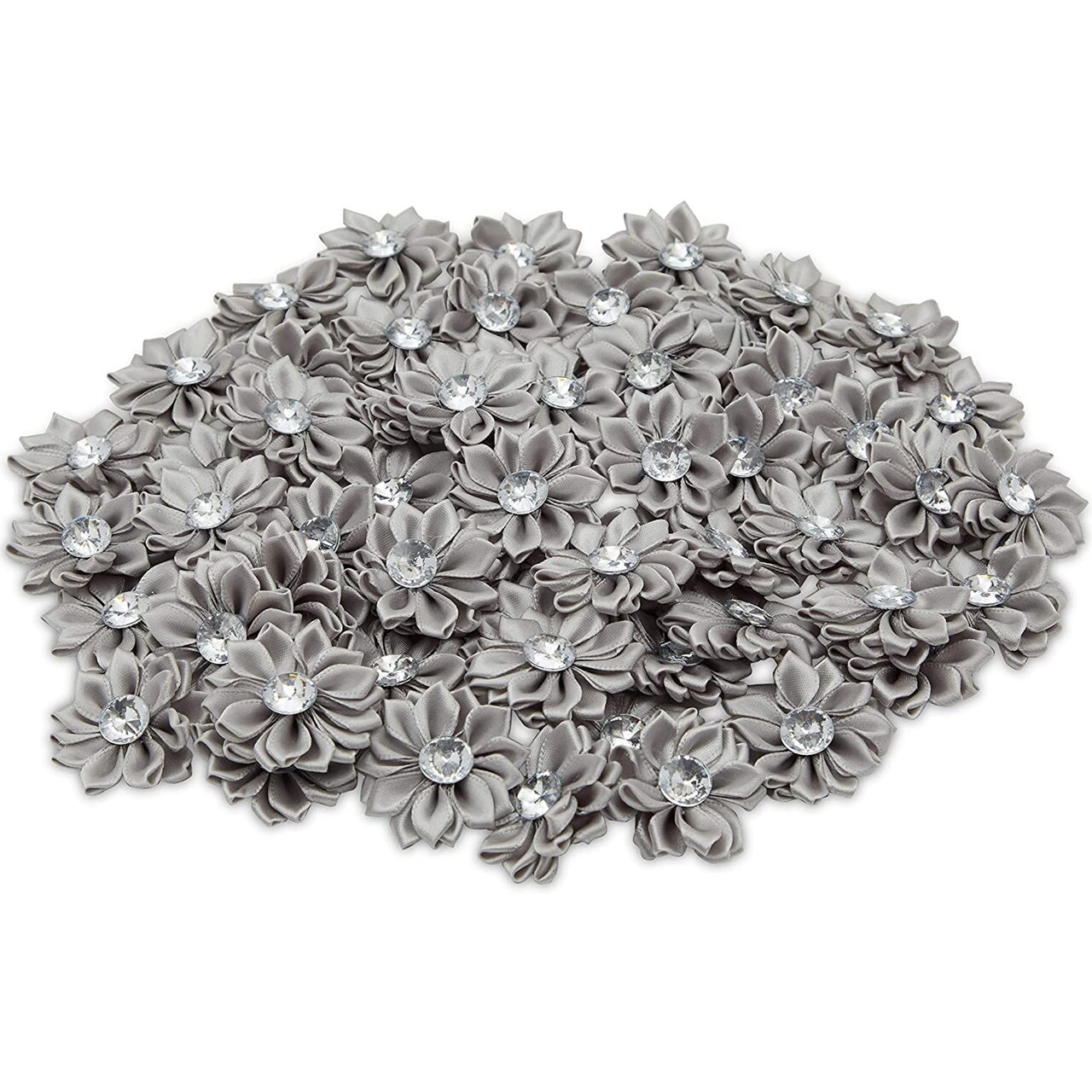 Juvale Fabric Flowers for Crafts, Grey Satin Embellishments with Rhinestones (1.5 in, 60 Pack)